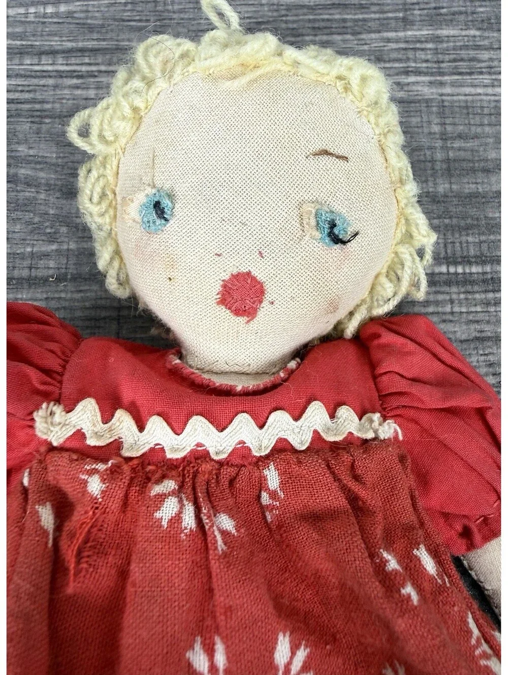 Vintage Handmade Cloth Rag Doll 8.5” Red Dress Yarn Hair Primitive Folk Art Toy